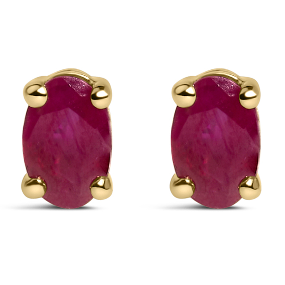 14K Yellow Gold 5x3 MM Oval Red Ruby Solitaire Stud Earrings